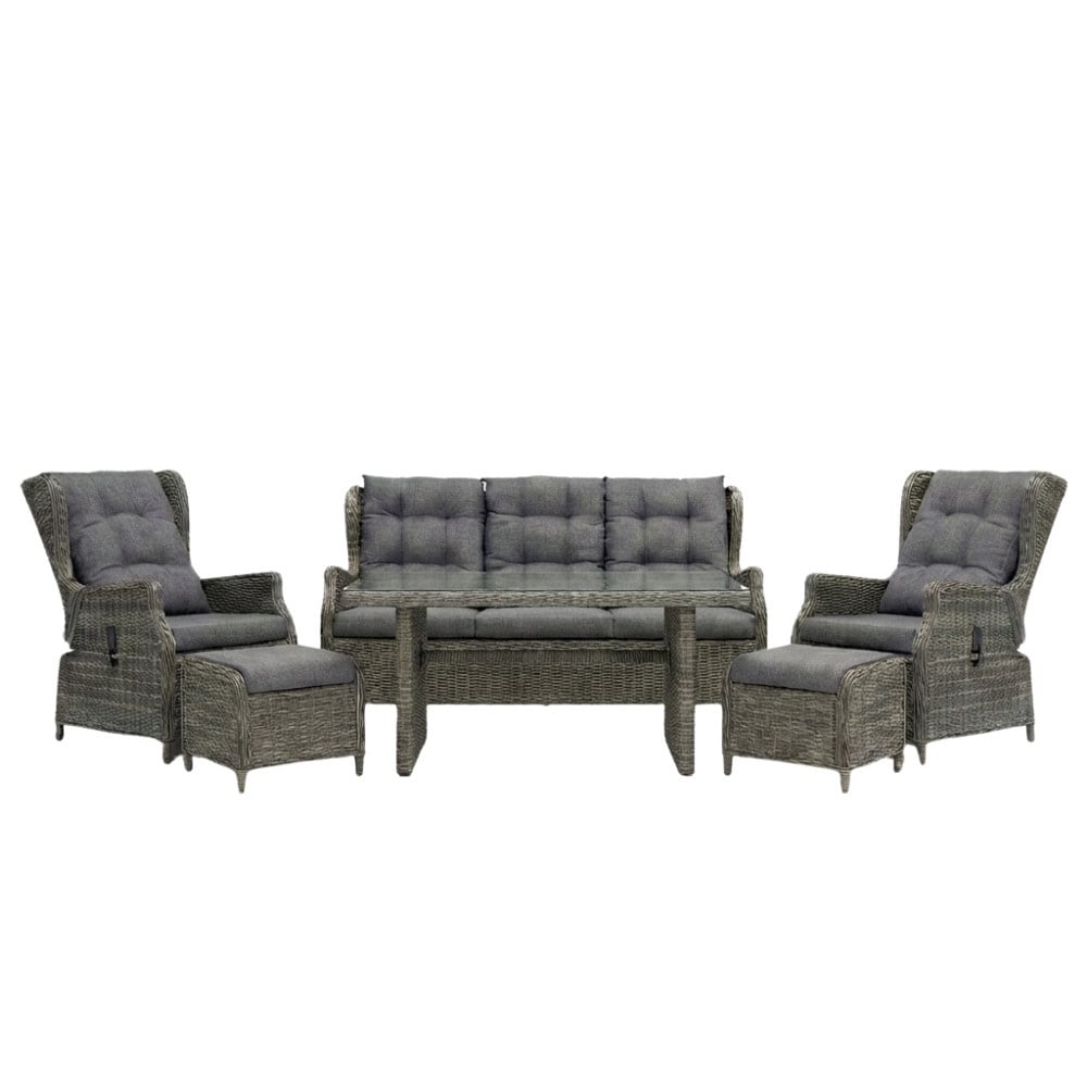 Denza Furniture Belfort stoel-bank loungeset verstelbaar 7 personen | wicker | Kobo Grey | 6-delig – Donkergrijs – Donkerbruin