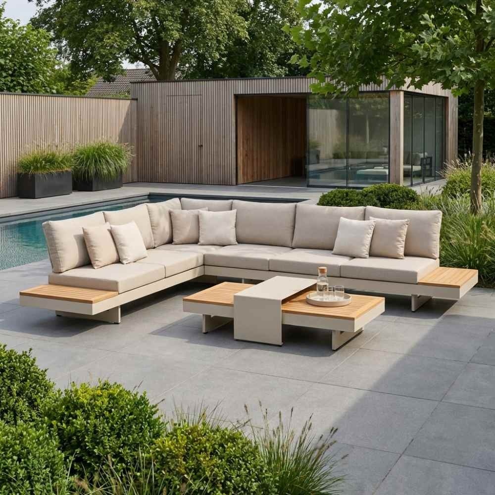 Barbados hoek loungeset | aluminium + teak | beige | 5-delig - 323x245cm