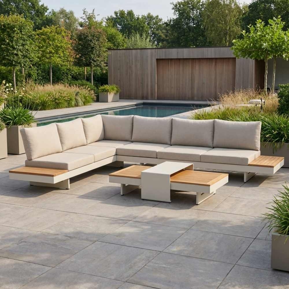 Barbados hoek loungeset | aluminium + teak | beige | 5-delig - 323x245cm