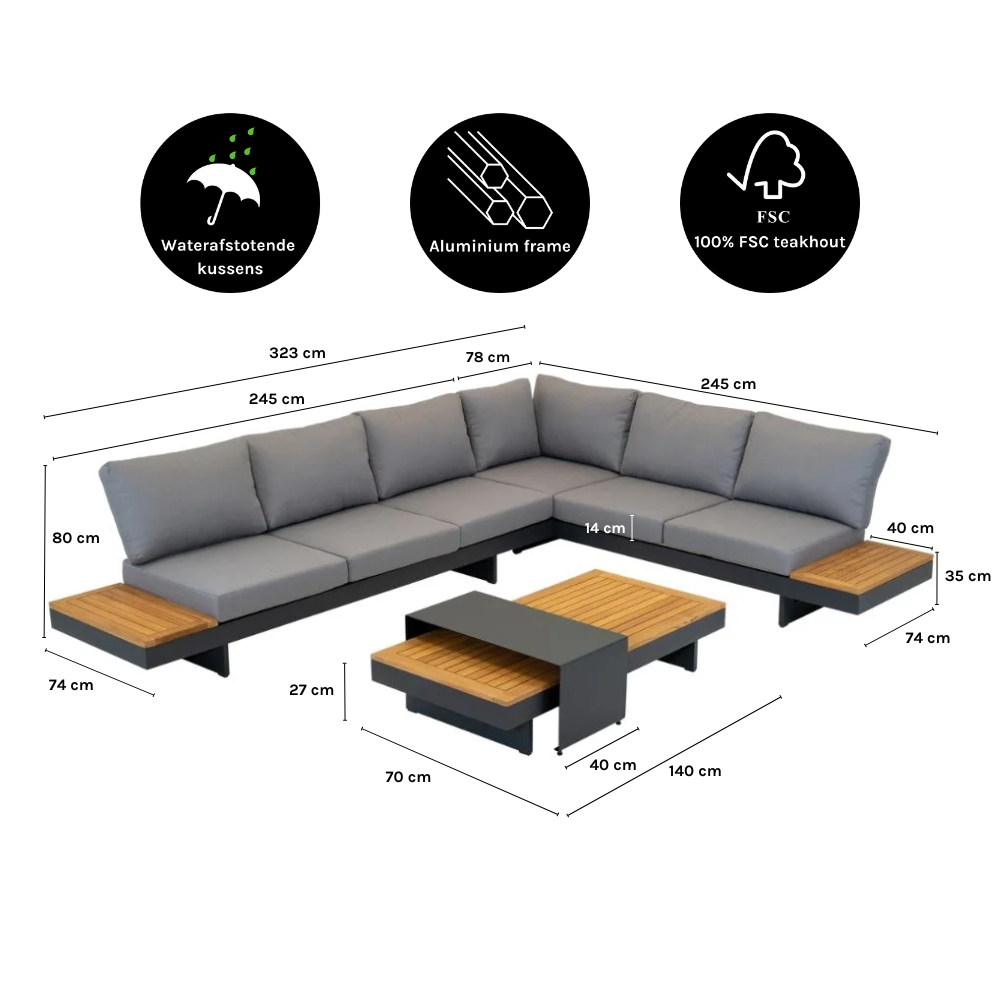 Barbados hoek loungeset 6 personen | aluminium + teakhout | Natural Teak | 5-delig - 323x245cm