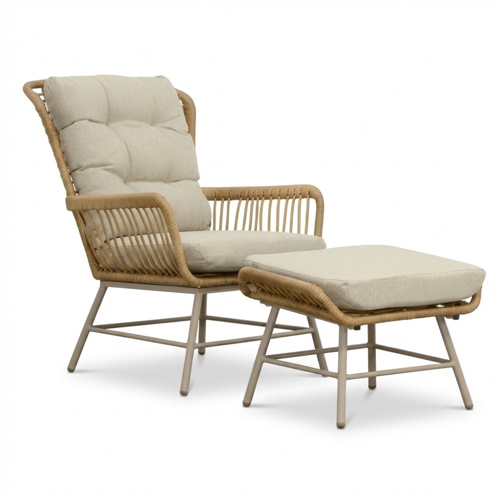 Dex loungestoel tuin met voetenbank | wicker + aluminium | Bamboo beige