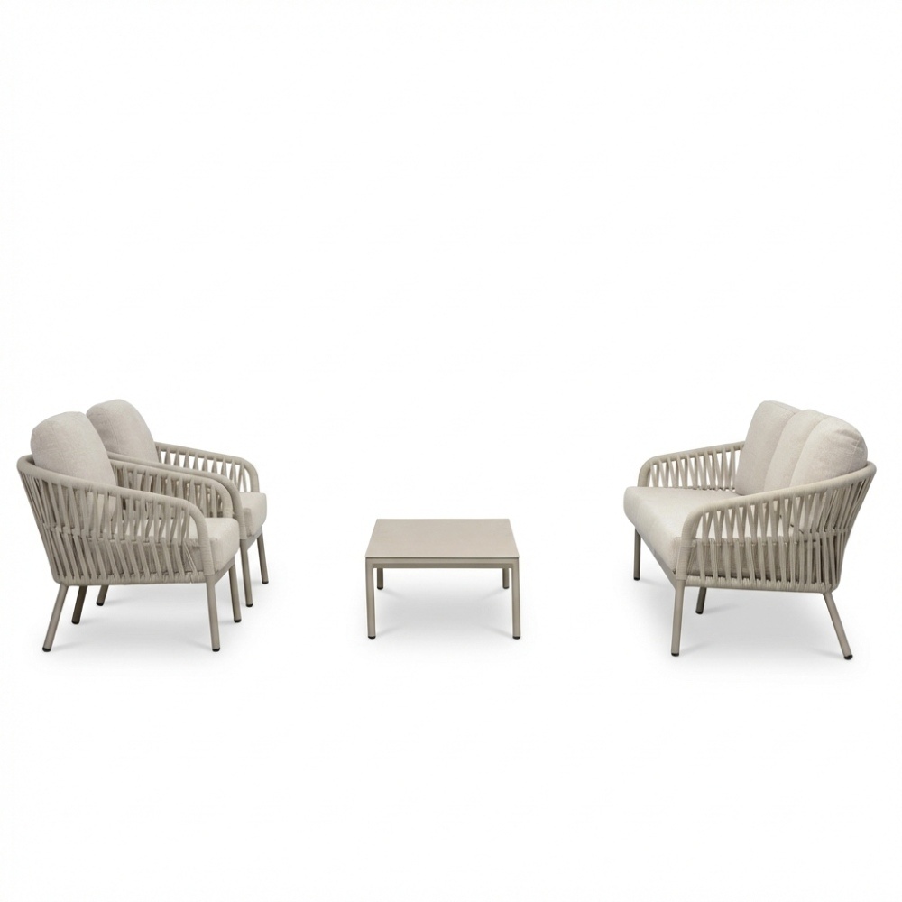Mykonos stoel-bank loungeset 5 personen incl. tafel | aluminium + touw | beige | 4-delig
