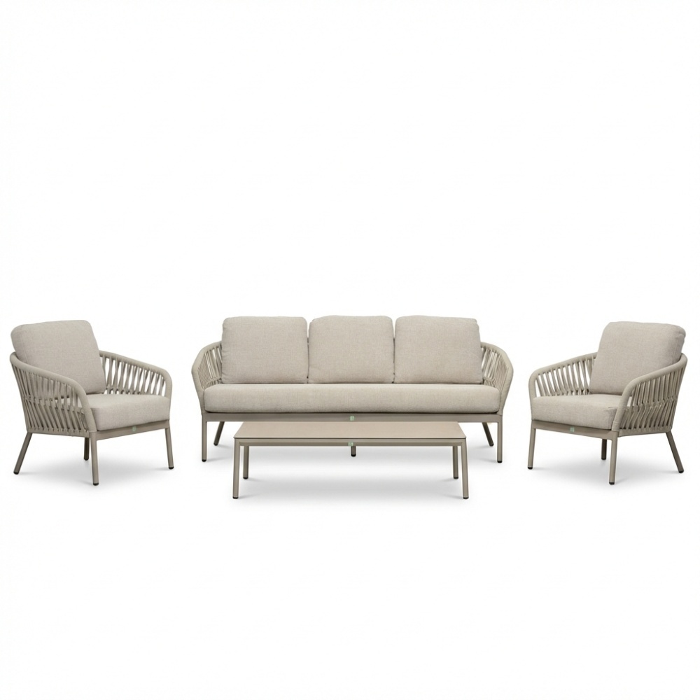 Mykonos stoel-bank loungeset 5 personen incl. tafel | aluminium + touw | beige | 4-delig
