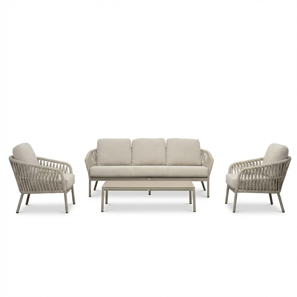 Mykonos stoel-bank loungeset 5 personen incl. tafel | aluminium + touw | beige | 4-delig