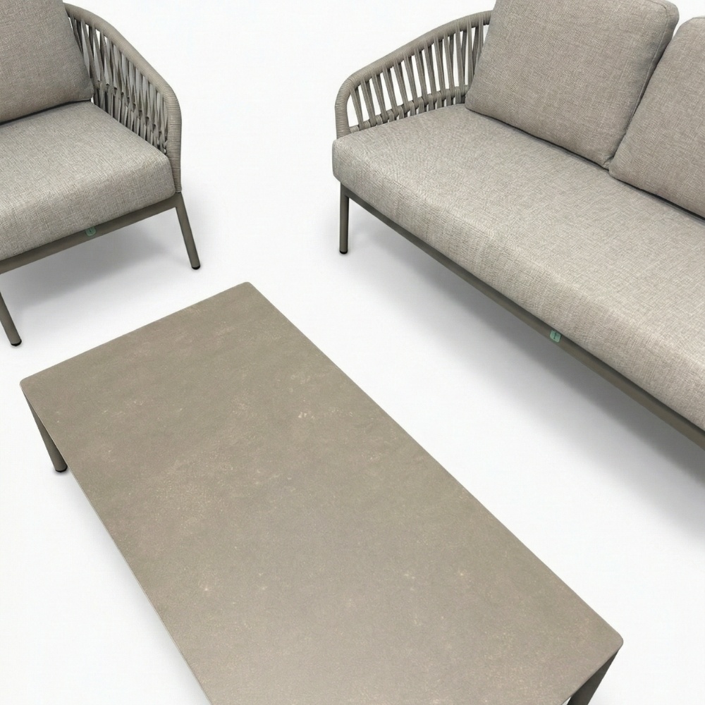 Mykonos stoel-bank loungeset 5 personen incl. tafel | aluminium + touw | beige | 4-delig