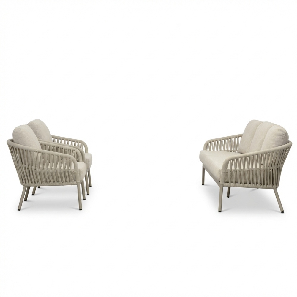 Mykonos stoel-bank loungeset 5 personen | aluminium + touw | beige | 3-delig