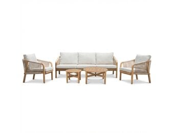 Bergamo stoel-bank loungeset 5 personen incl. tafels | touw + hardhout | zand | 6-delig