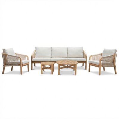 Bergamo stoel-bank loungeset 5 personen incl. tafels | touw + hardhout | zand | 6-delig