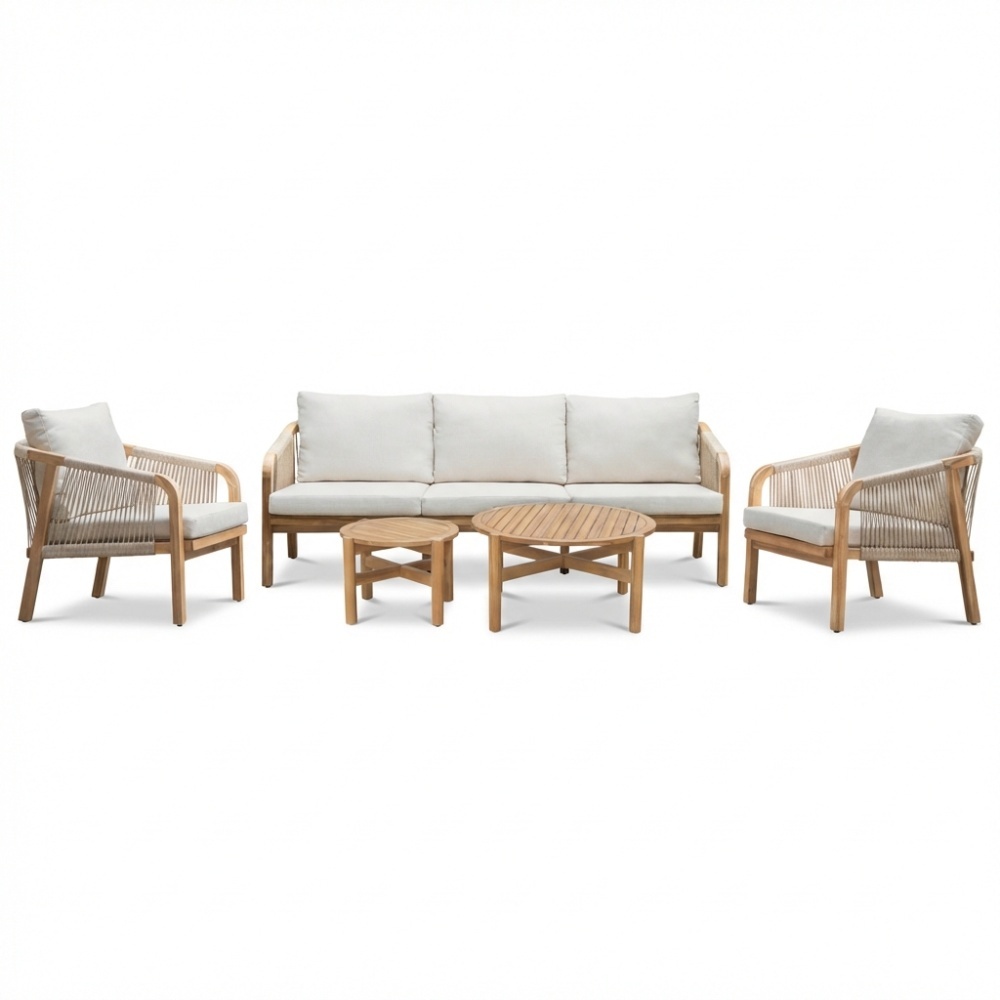 Bergamo stoel-bank loungeset 5 personen incl. tafels | touw + hardhout | zand | 6-delig afbeelding