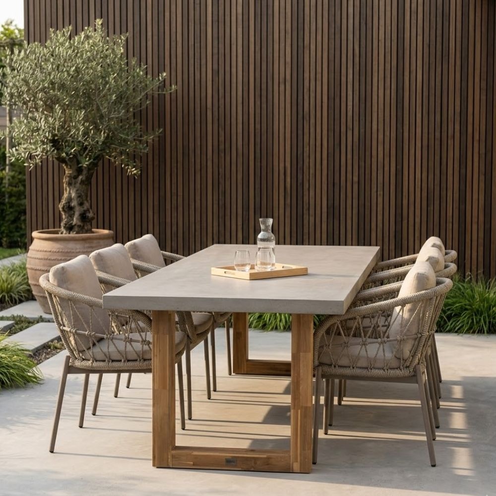 Lausanne/Dakota beige dining tuinset | 6 personen | betonlook + touw | 250cm