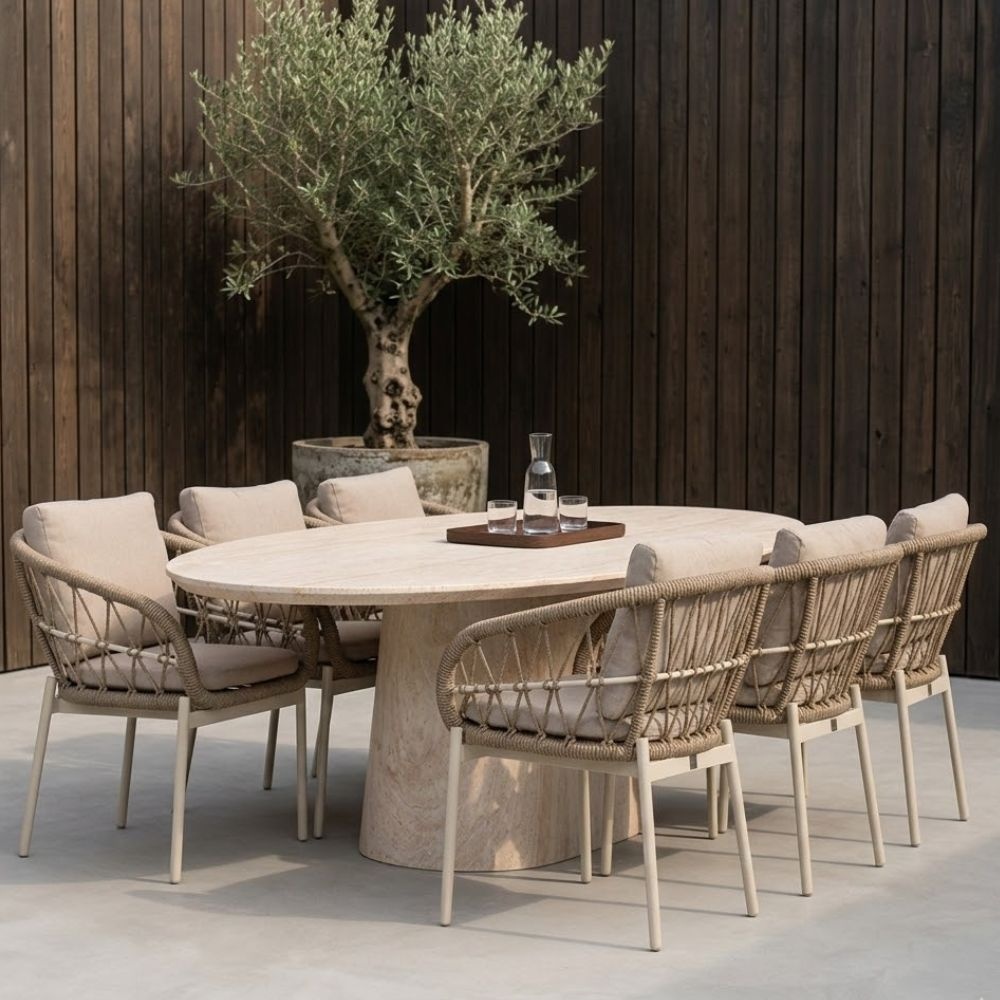 Max/Dakota beige/wit dining tuinset | 6 personen | travertin + touw | 240cm ovaal
