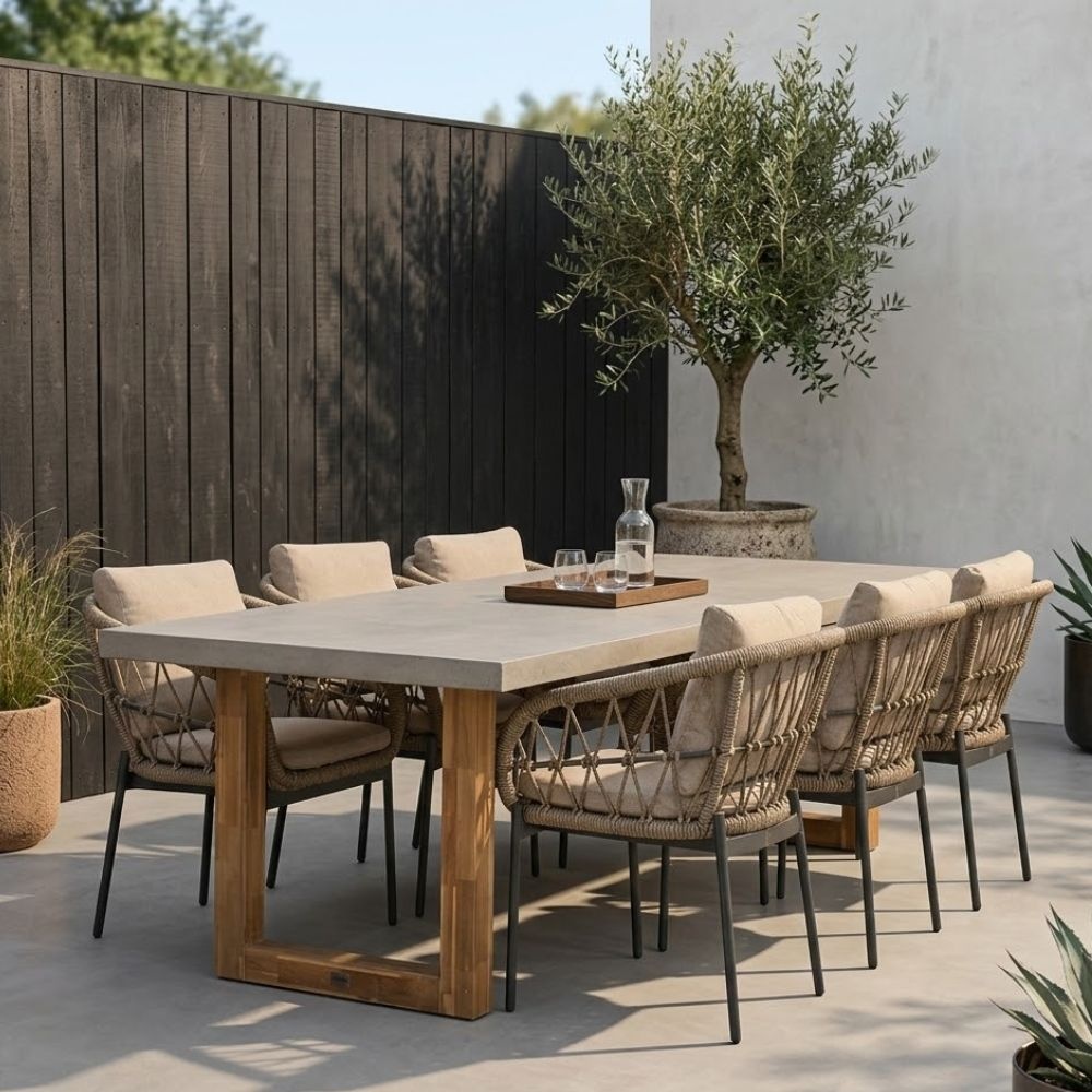Lausanne/Dakota beige/antraciet dining tuinset | 6 personen | betonlook + touw | 250cm