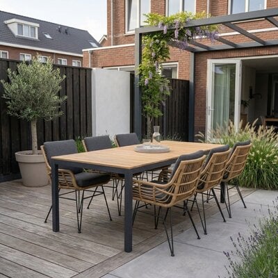 Delta/Carlos antraciet dining tuinset | 6 personen | teakhout + wicker | 220cm