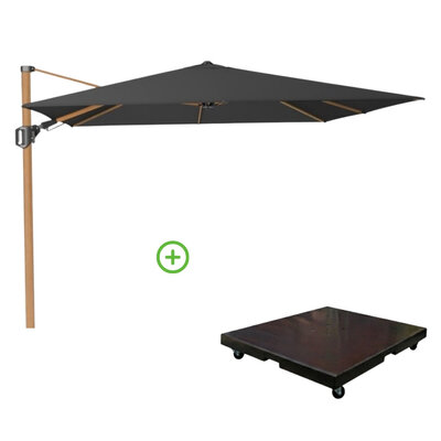 Challenger T² zweefparasol - premium doek | 300x300cm met Monza parasolvoet 90kg | Faded Black/Teak look