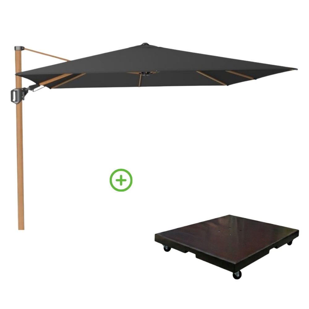 Challenger T² zweefparasol - premium doek | 300x300cm met Monza parasolvoet 90kg | Faded Black/Teak look