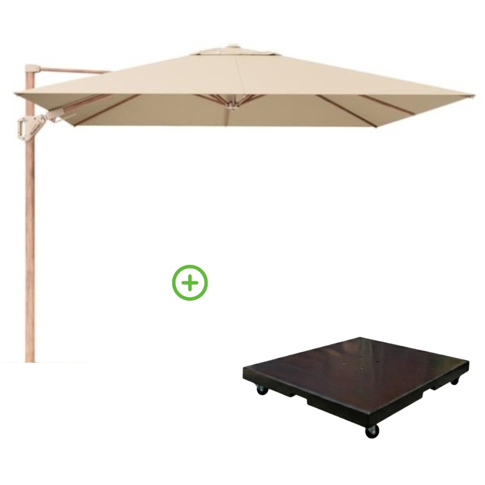 Challenger T² zweefparasol - premium doek | 300x300cm met Monza parasolvoet 90kg | Champagne/Teak look afbeelding