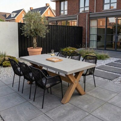 Norwich/Seville zwart dining tuinset | 6 personen | betonlook + touw | 250cm