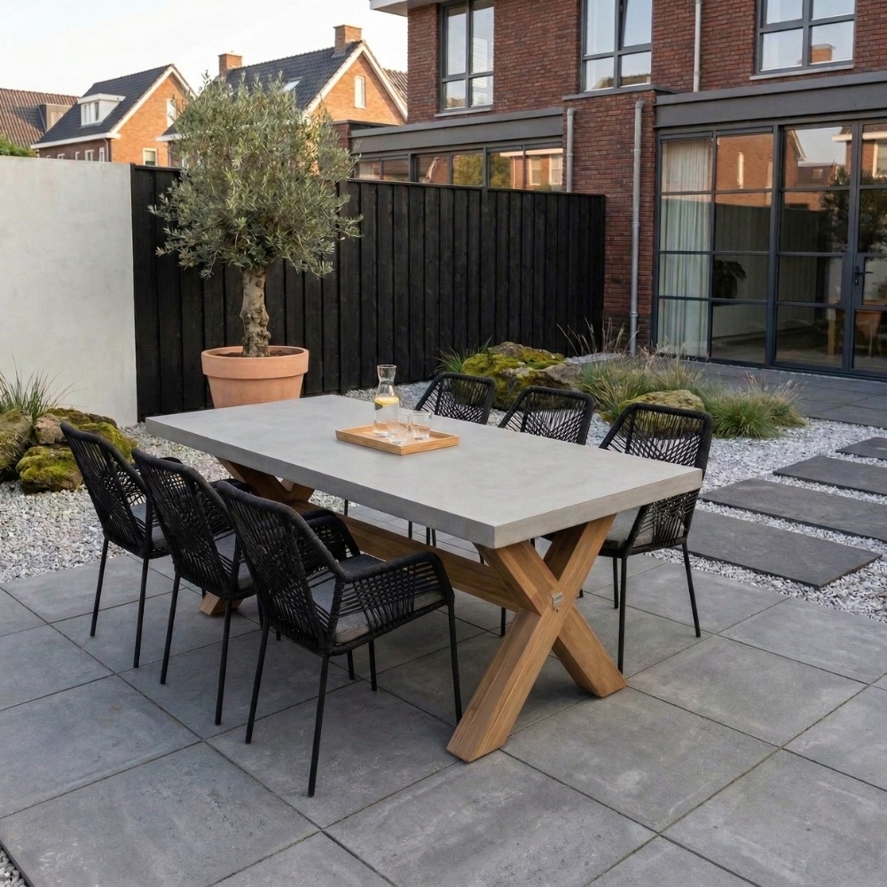 BUITEN living Norwich/Seville zwart dining tuinset | 6 personen | betonlook + touw | 250cm – Betonlook, Zwart