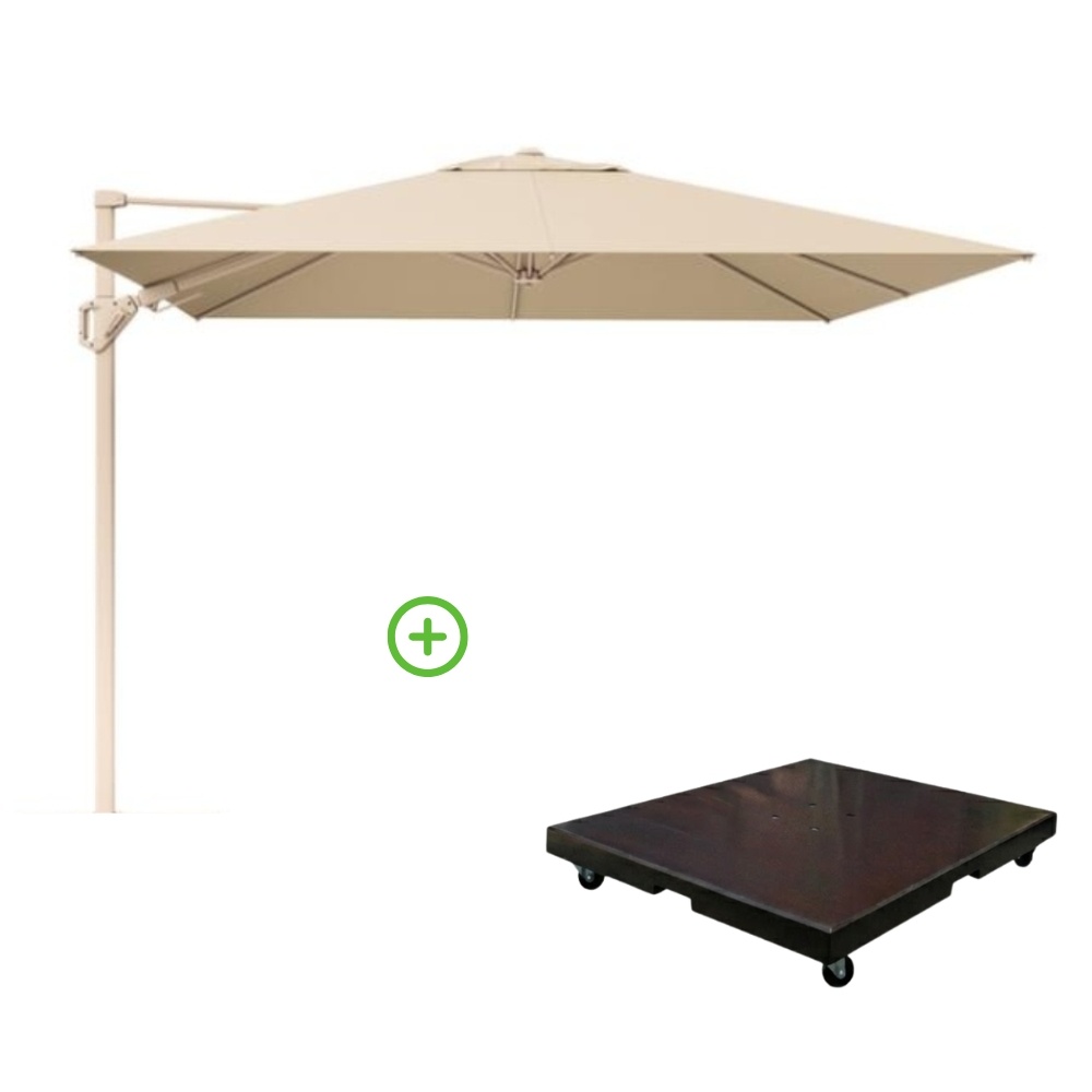 Challenger T² zweefparasol - premium doek | 300x300cm met Monza parasolvoet 90kg | Champagne/Sandstone