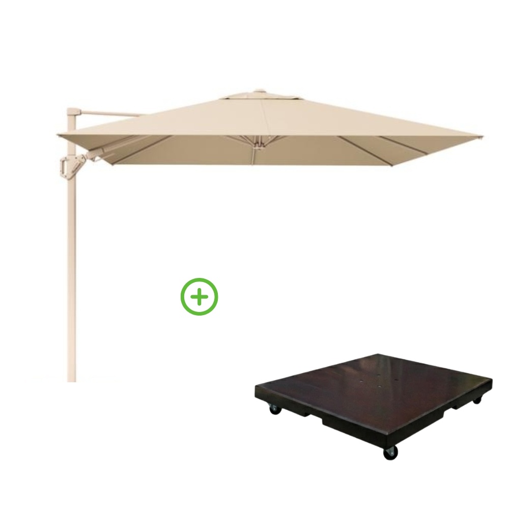Challenger T² zweefparasol - premium doek | 260x350cm met Monza parasolvoet 90kg | Champagne/Sandstone