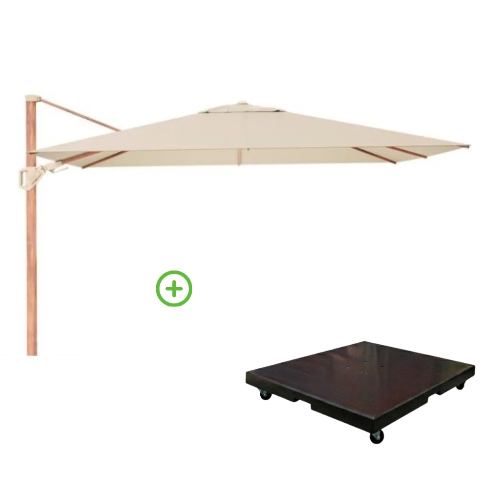 Challenger T² zweefparasol - premium doek | 260x350cm met Monza parasolvoet 90kg | Champagne/Teak look