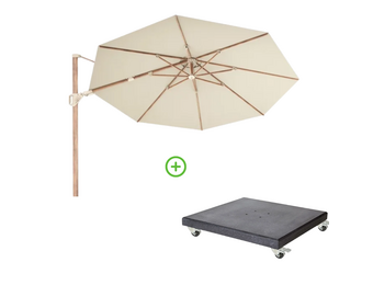 Challenger T² zweefparasol - premium doek | Ø350cm rond met Modena parasolvoet 120kg | Champagne/Teak look