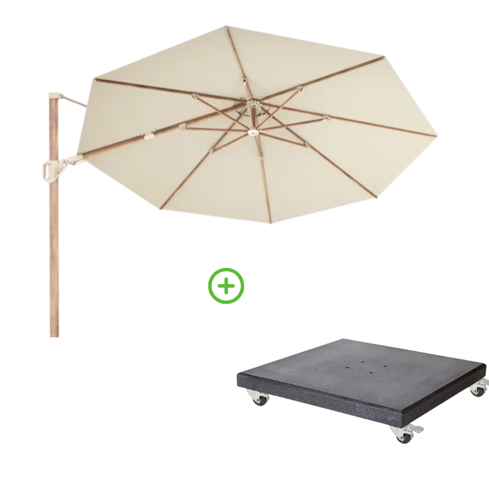Challenger T² zweefparasol - premium doek | Ø350cm rond met Modena parasolvoet 120kg | Champagne/Teak look