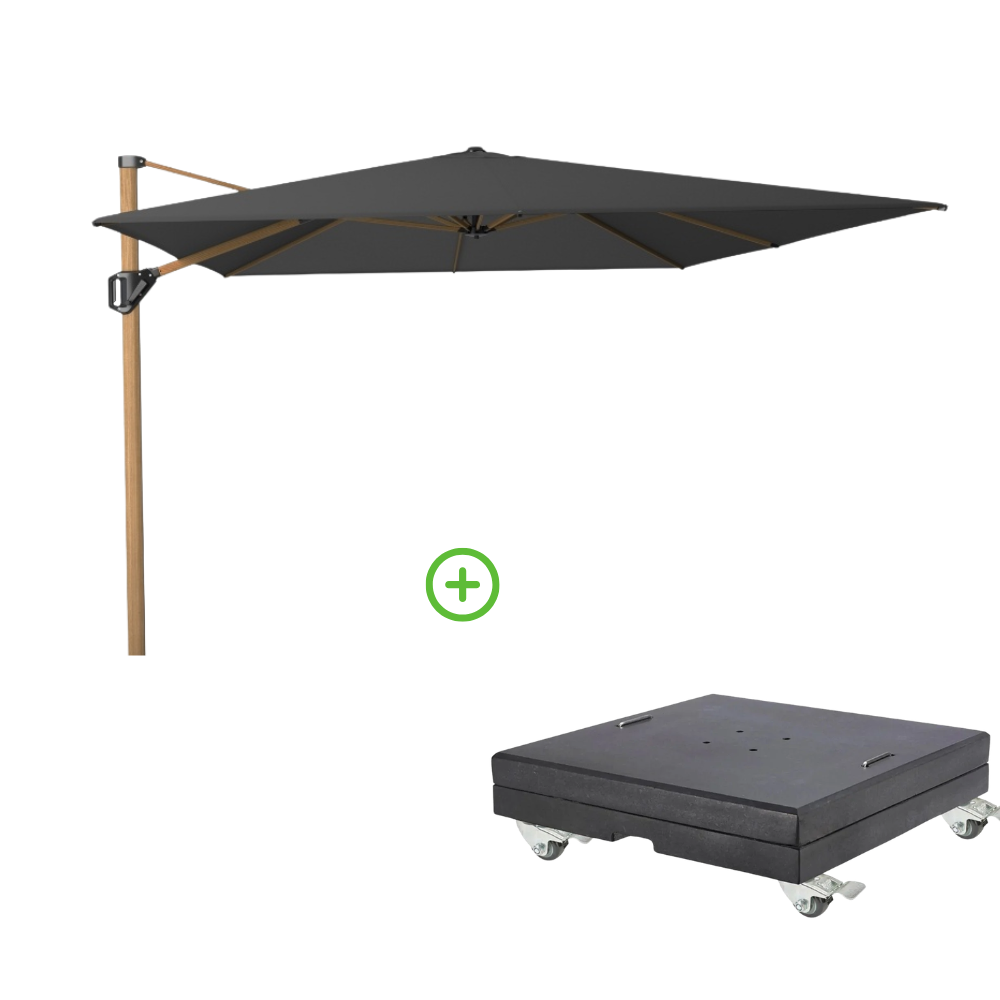 Challenger T² zweefparasol - premium doek | 400x300cm met Modena parasolvoet 150kg | Faded Black/Teak look