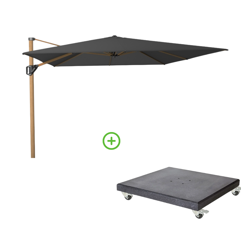 Challenger T² zweefparasol - premium doek | 400x300cm met Modena parasolvoet 120kg | Faded Black/Teak look