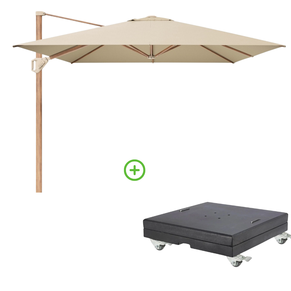 Challenger T² zweefparasol - premium doek | 400x300cm met Modena parasolvoet 150kg | Champagne/Teak look