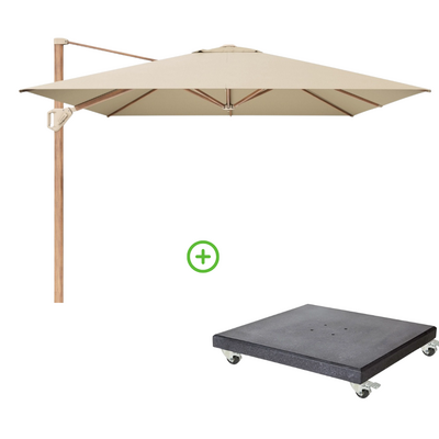 Challenger T¹ zweefparasol - premium doek | 400x300cm met Modena parasolvoet 120kg | Champagne/Teak look