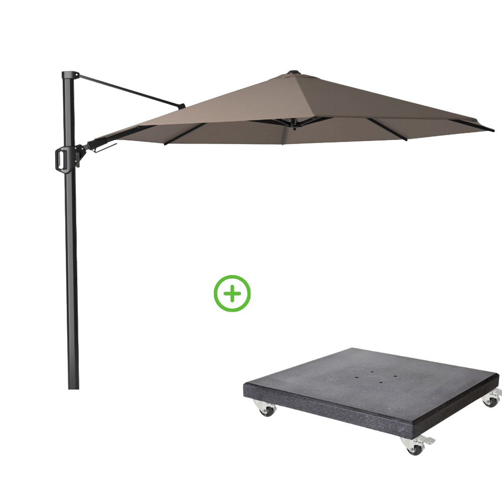 Challenger T² zweefparasol - premium doek | Ø350cm rond met Modena parasolvoet 120kg | Havana