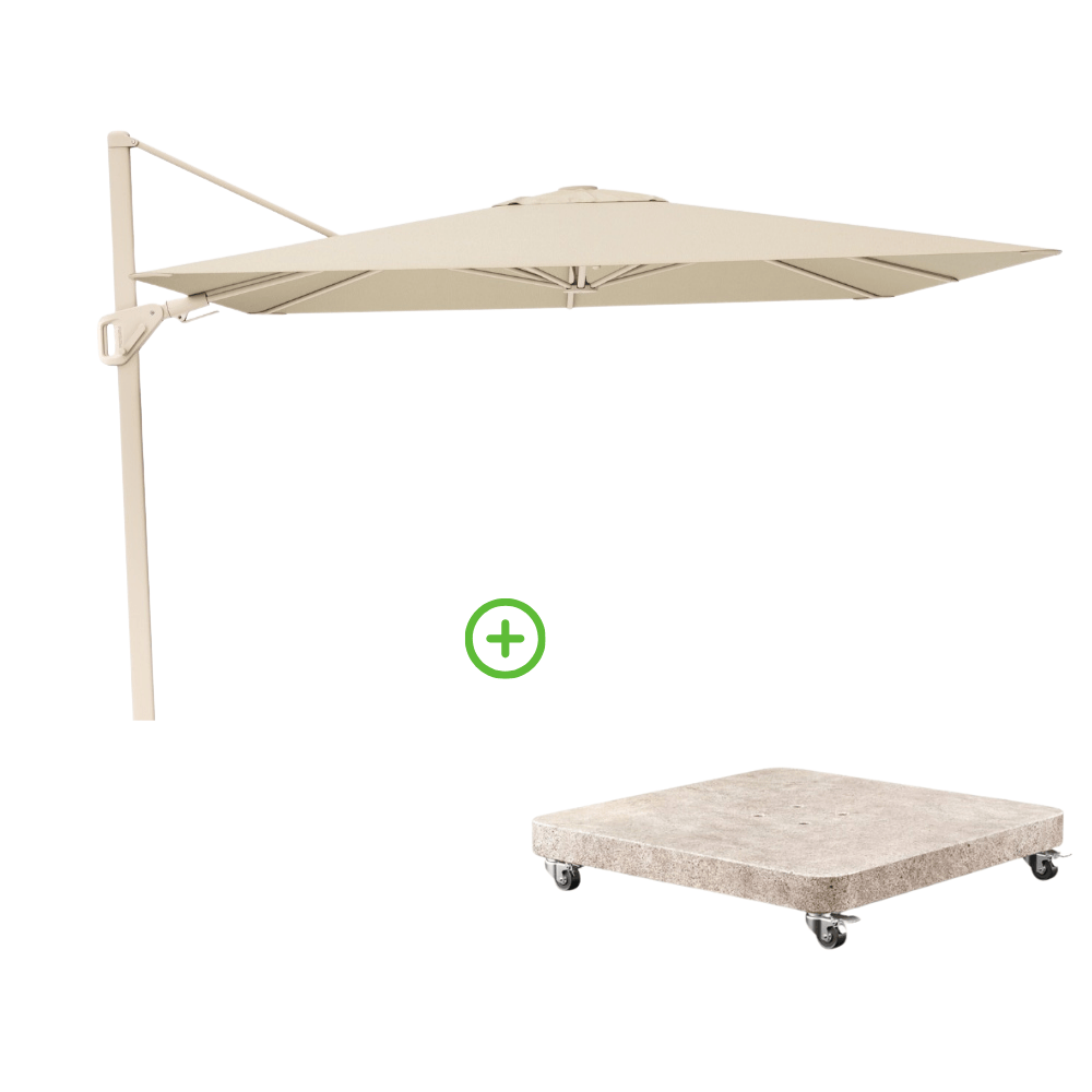 Nexus T² zweefparasol - premium doek | 300x300 met Venezia rond parasolvoet 90kg | Champagne/Sandstone afbeelding