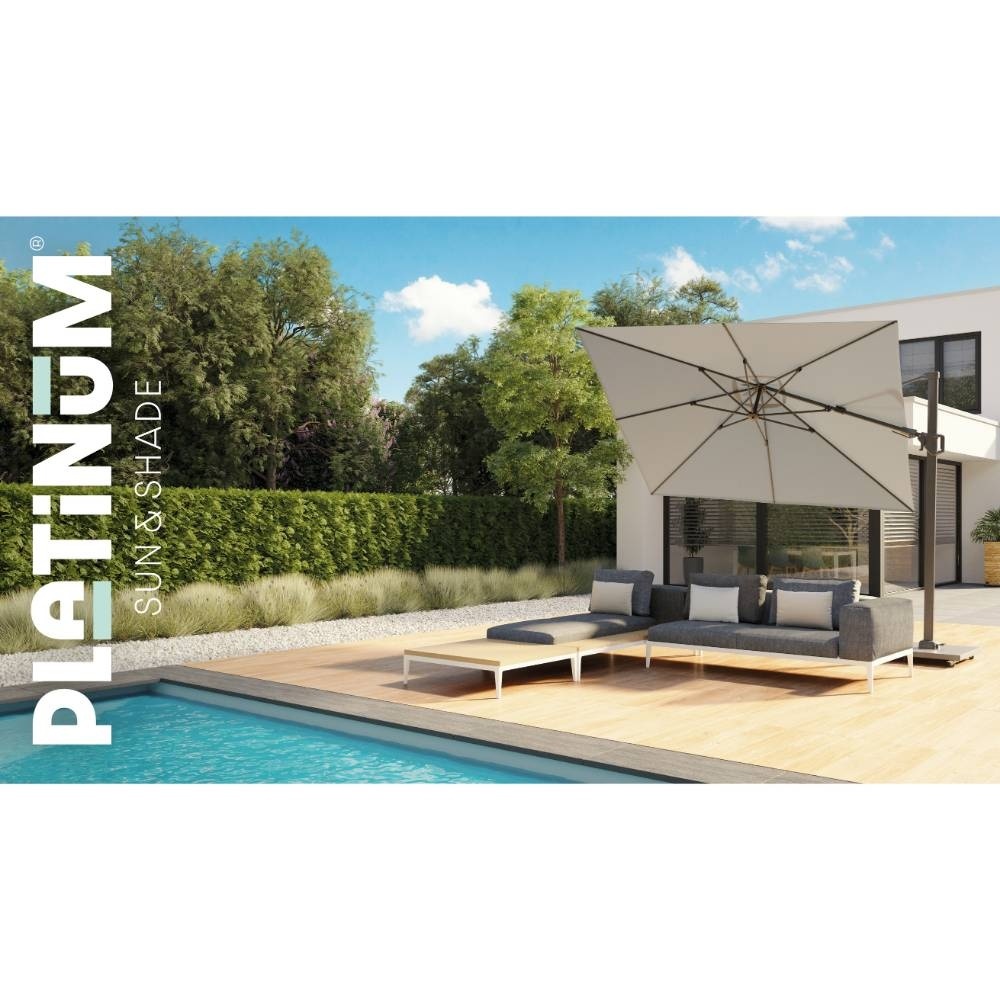 Challenger T² zweefparasol - premium doek | Ø350cm rond met Venezia rond parasolvoet 90kg | Champagne/Teak look