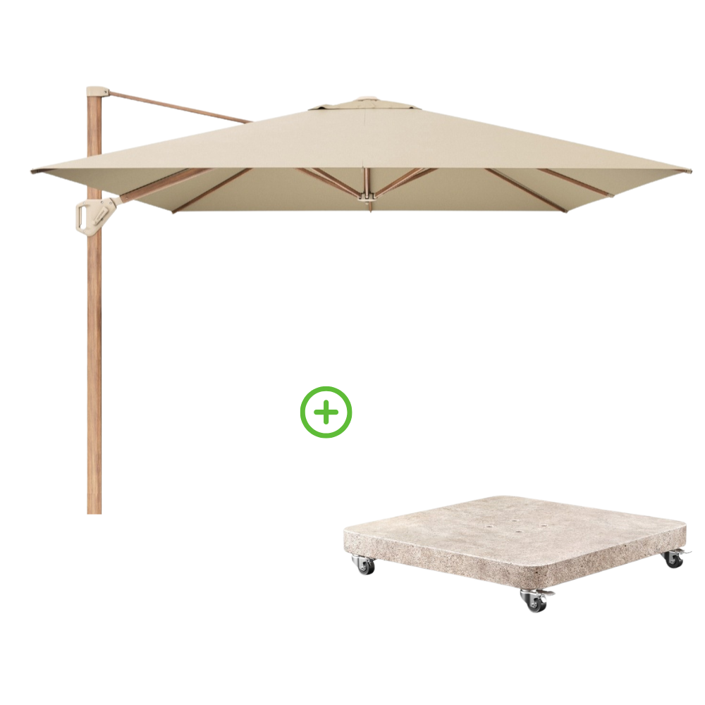Challenger T² zweefparasol - premium doek | 400x300cm met Venezia rond parasolvoet 120kg | Champagne/Teak look