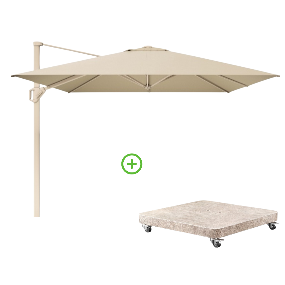 Challenger T² zweefparasol - premium doek | 350x260cm met Venezia rond parasolvoet 90kg | Champagne/Teak look