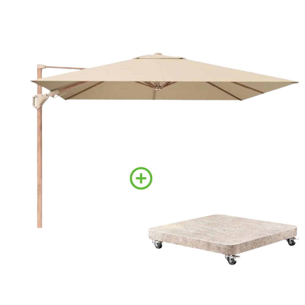 Challenger T² zweefparasol - premium doek | 300x300cm met Venezia rond parasolvoet 90kg | Champagne/Teak look afbeelding
