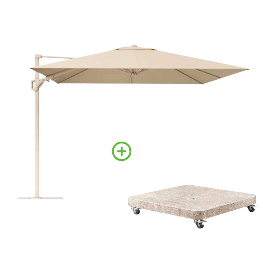 Challenger T² zweefparasol - premium doek | 300x300cm met Venezia rond parasolvoet 90kg | Champagne/Sandstone afbeelding