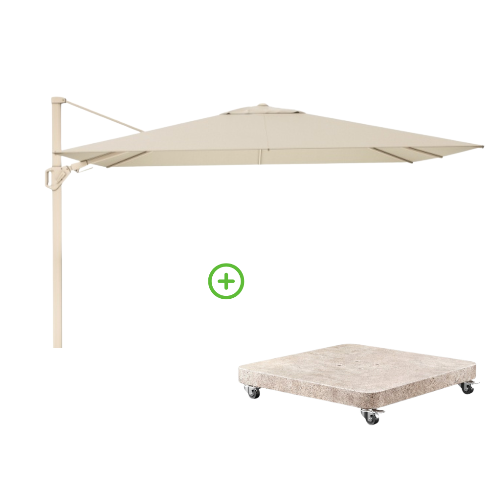 Challenger T² zweefparasol - premium doek | 260x350cm met Venezia rond parasolvoet 90kg | Champagne/Sandstone