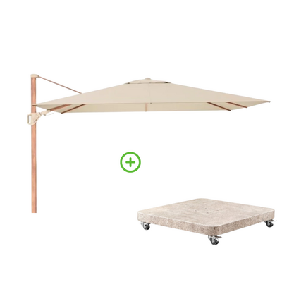 Challenger T² zweefparasol - premium doek | 260x350cm met Venezia rond parasolvoet 90kg | Champagne/Teak look