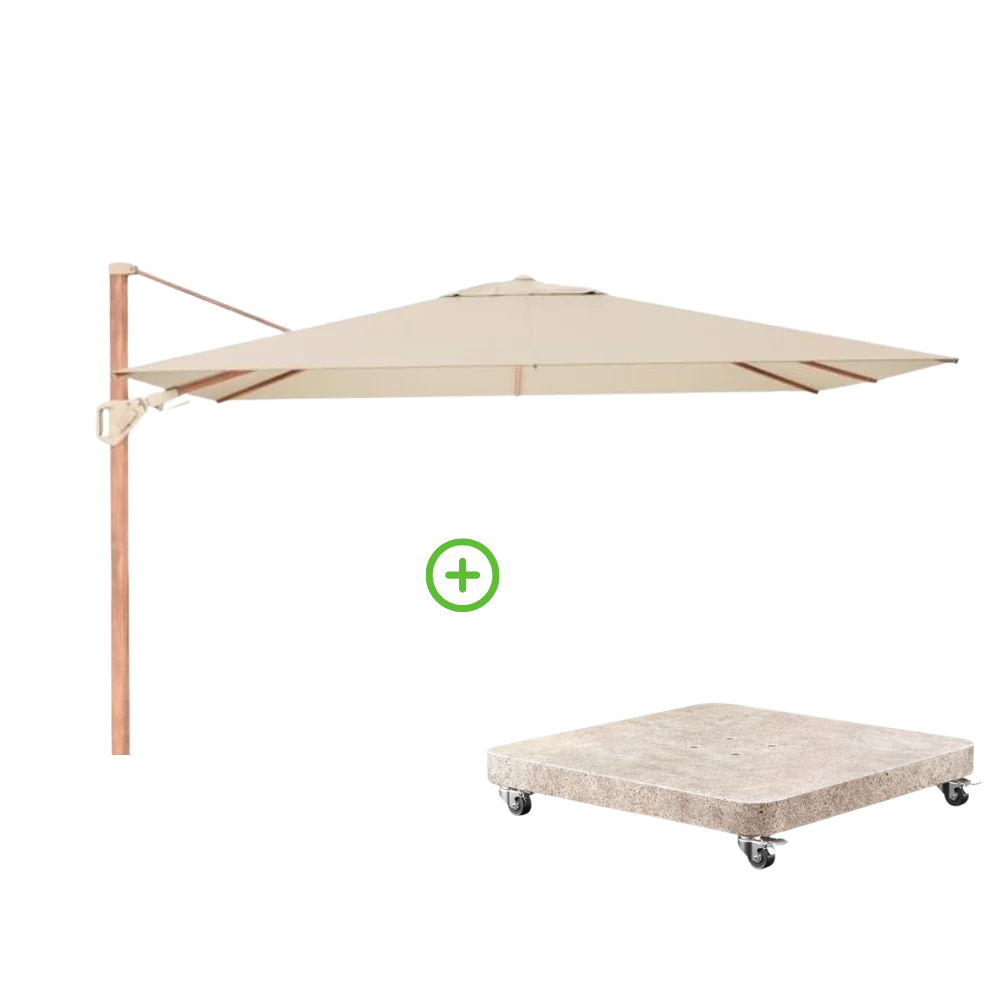 Challenger T² zweefparasol - premium doek | 260x350cm met Venezia rond parasolvoet 90kg | Champagne/Teak look