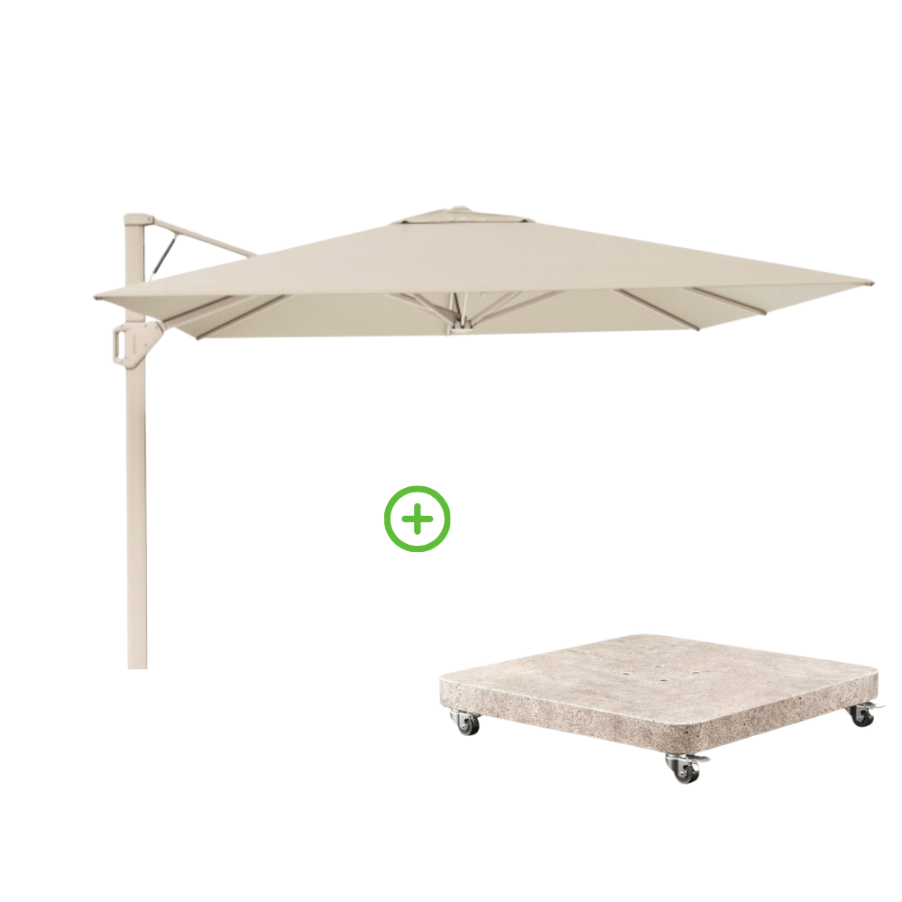 Beaufort zweefparasol - premium doek | 320x320cm met Venezia rond parasolvoet 120kg | Champagne/Sandstone