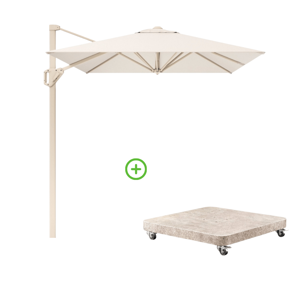 Voyager T¹ zweefparasol | 250x250cm met Venezia rond parasolvoet 90kg | Ivory/Sandstone afbeelding