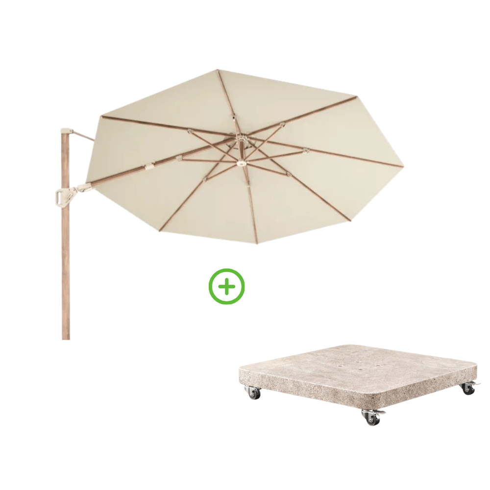 Challenger T² zweefparasol - premium doek | Ø350cm rond met Venezia rond parasolvoet 120kg | Champagne/Teak look