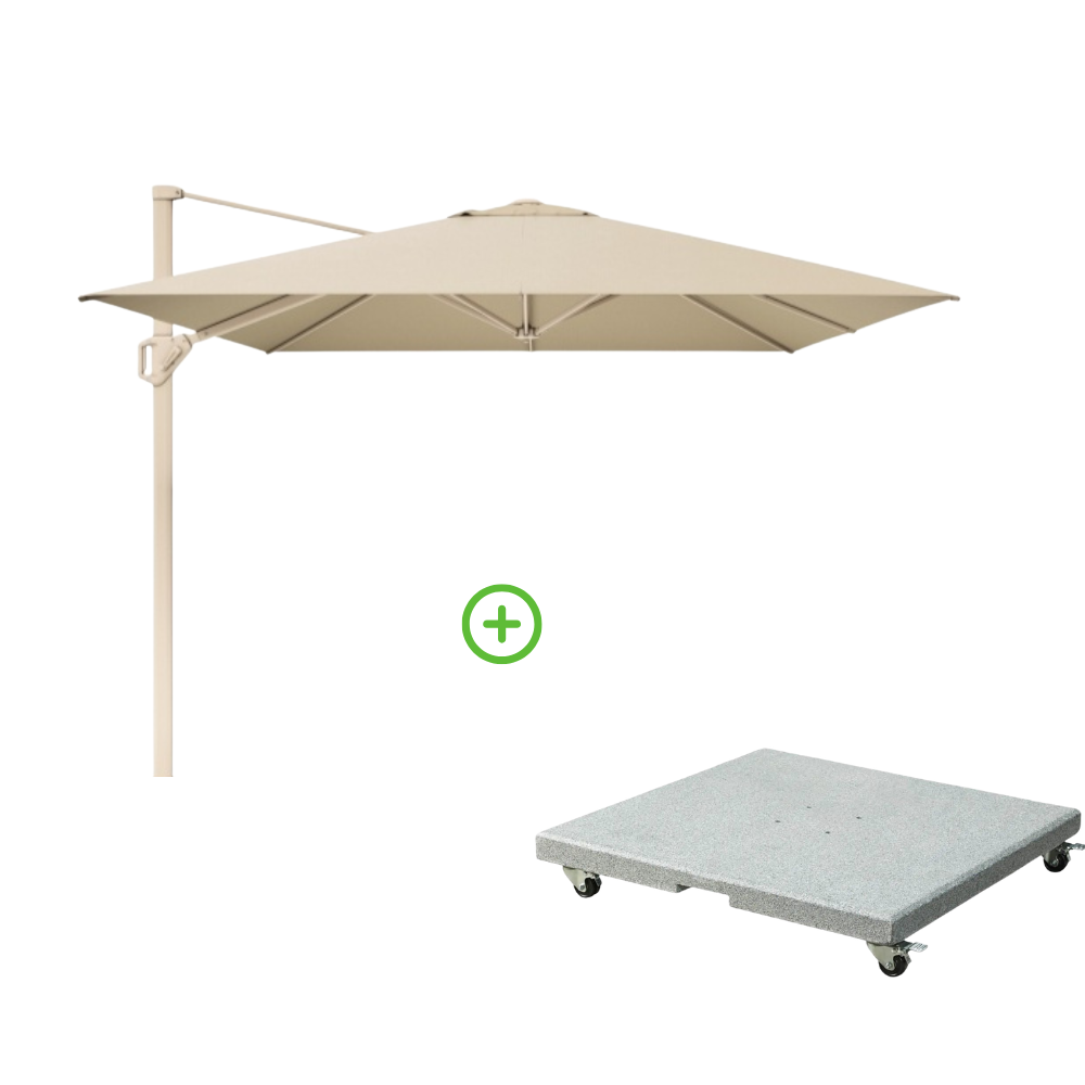 Challenger T² zweefparasol - premium doek | 350x260cm met Rocca parasolvoet 90kg | Champagne/Teak look