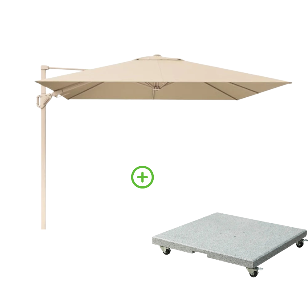Challenger T² zweefparasol - premium doek | 300x300cm met Rocca parasolvoet 90kg | Champagne/Sandstone