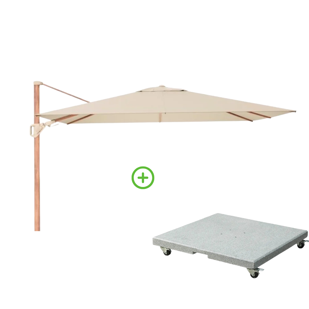 Challenger T² zweefparasol - premium doek | 260x350cm met Rocca parasolvoet 90kg | Champagne/Teak look