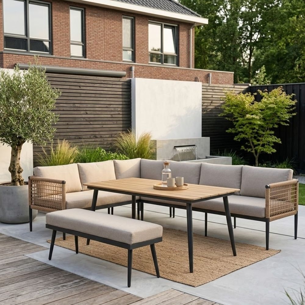 Liana dining loungeset links 8 personen | wicker + aluminium | zand | 4-delig - 270x193cm