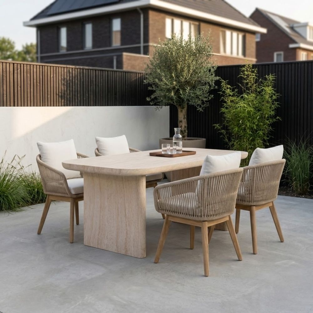 Mees/Bella zand dining tuinset | 4 personen | travertin + touw | 200cm