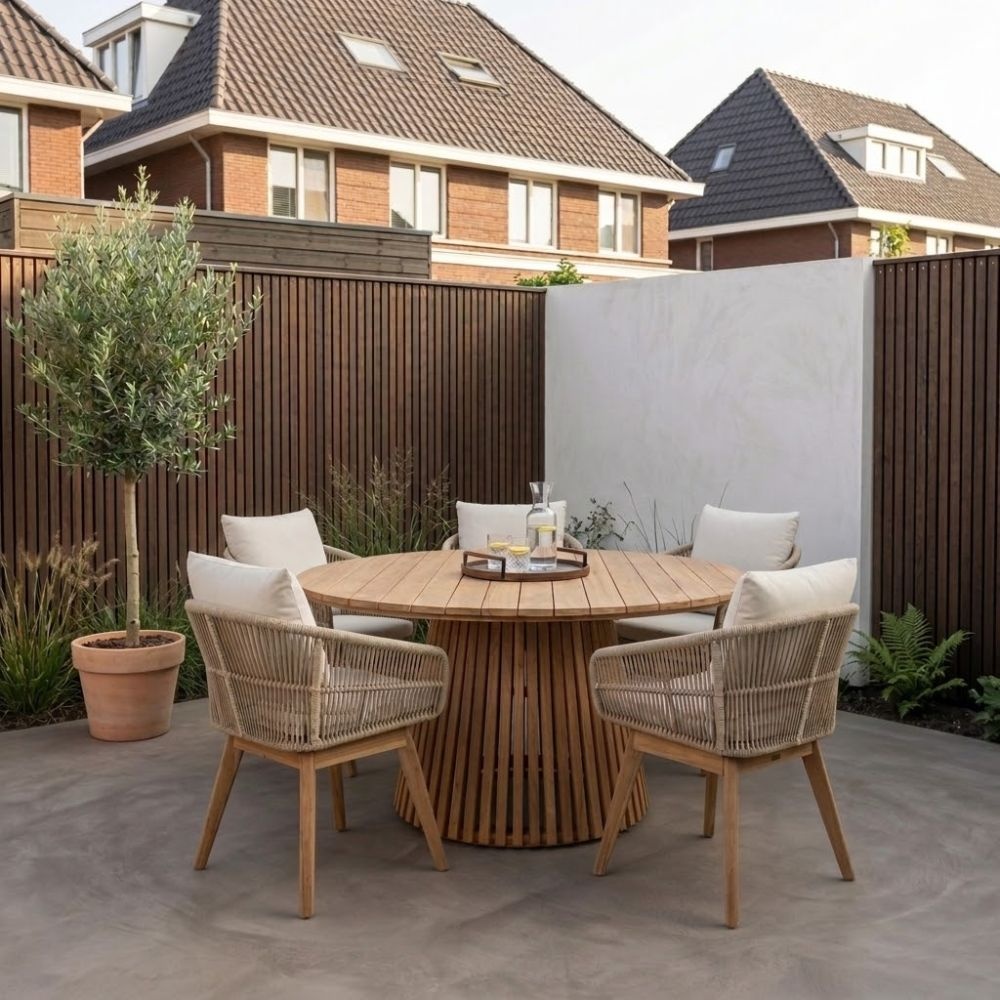 Palau/Bella zand dining tuinset | 5 personen | teakhout + touw | 140cm rond